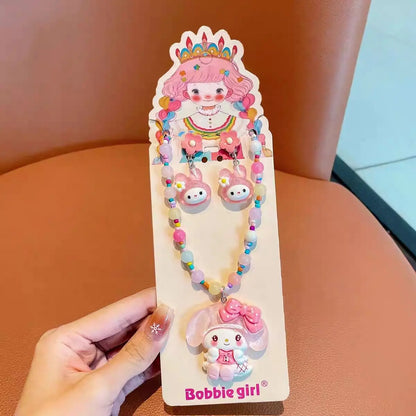 Kawaii Sanrio Beaded Necklace Girls Jewelry Ear Clip Set Kuromi Cinnamoroll Pierced Baby Princess Jewelry Melody Gifts