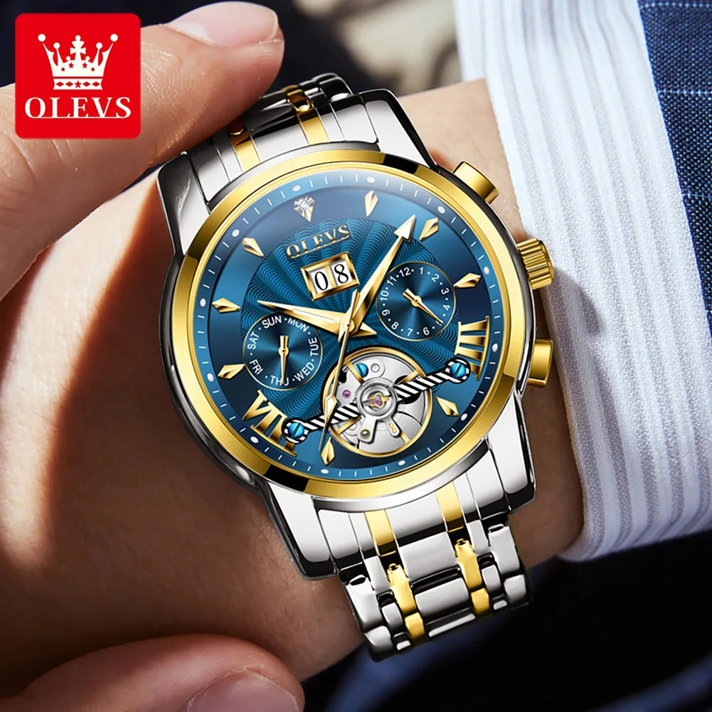 OLEVS 9965 Mechanical Watch for Men Tourbillon Dial Dual Calendar Display Luminous Automatic Mechanical Men's Watch