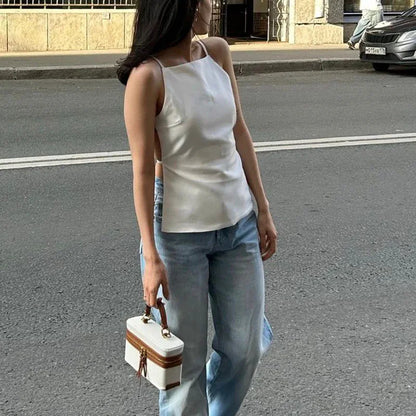 TRAF Sleeveless Women's Tanks Top Summer Black Crop Top Women Sexy Backless White Top Woman Fashion Party Short Tops With Straps