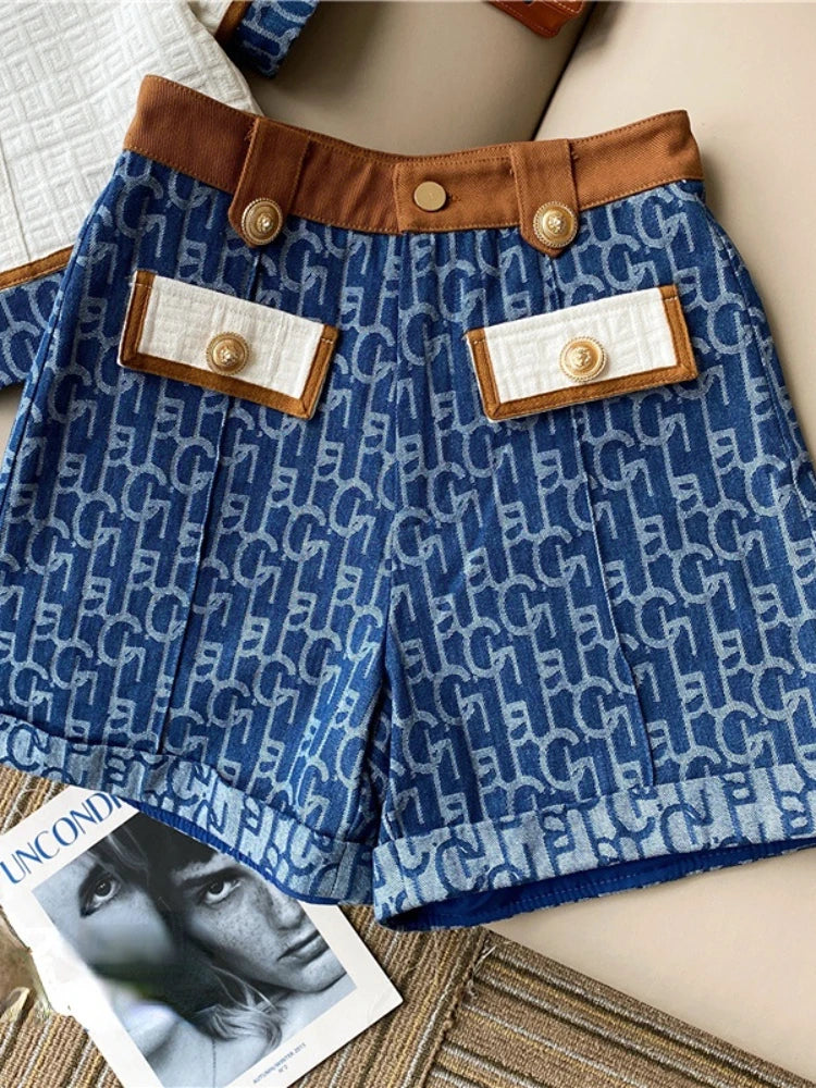 Fashion Commuter Denim Suit Women 2024 Spring Summer New Short-Sleeved To+A-Line High Waist Shorts Plus Size Casual 2-Piece Set
