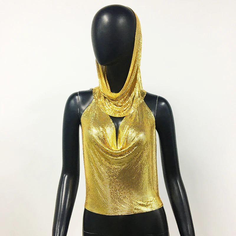 Women Metal Sequins Tank Top With Turban 2 Piece  Sexy V Neck Backless   Suspender Top Rave Festival Party Nightclub Camisole
