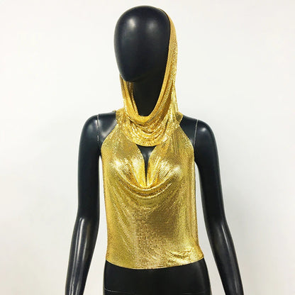 Women Metal Sequins Tank Top With Turban 2 Piece  Sexy V Neck Backless   Suspender Top Rave Festival Party Nightclub Camisole
