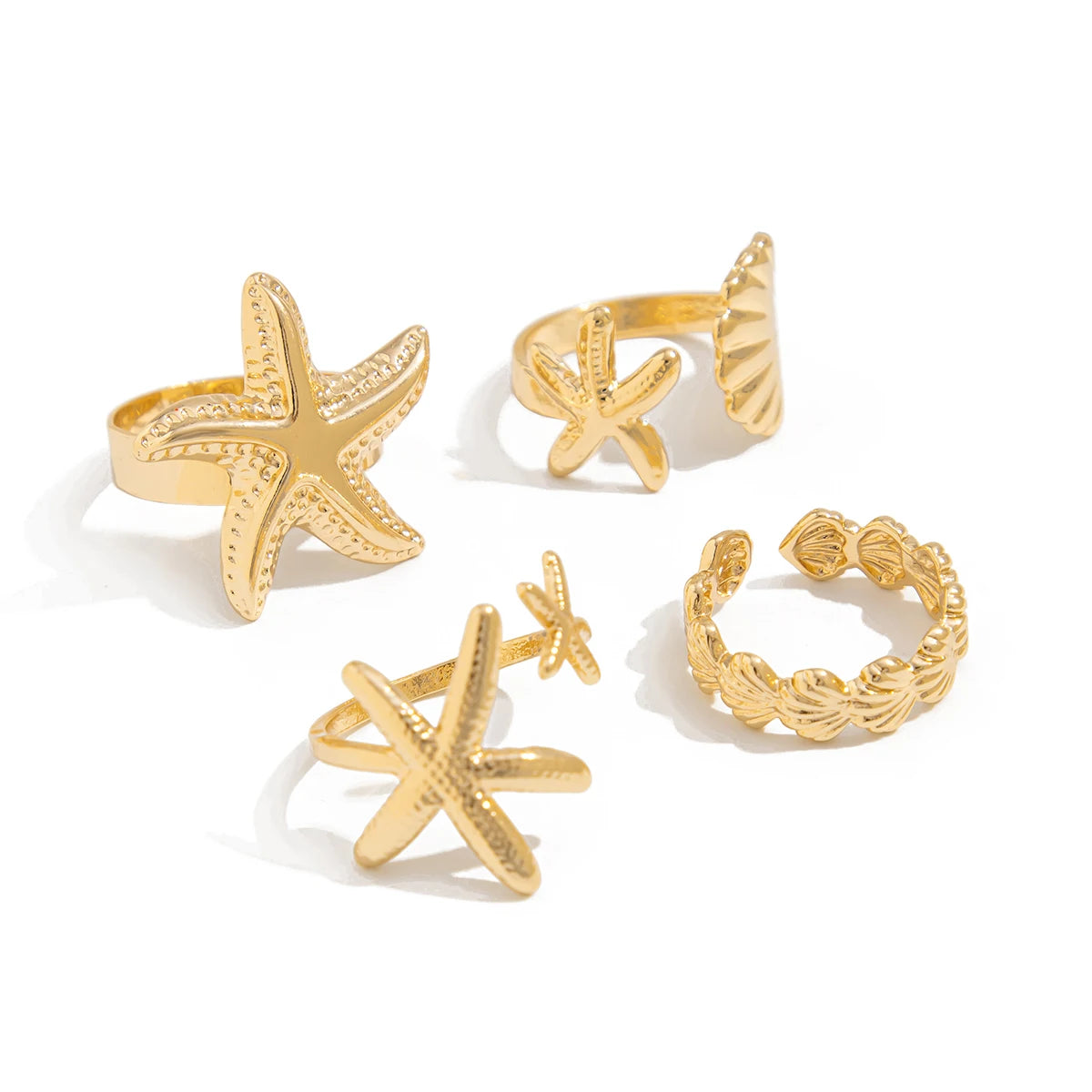 SHIXIN 4Pcs/Set Starfish Scallop Adjustable Open Rings for Women Trendy Geometric Gold Color Ring Summer Beach Jewelry Accessory