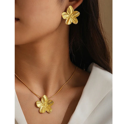 LUXUKISSKIDS 2PC Women's Fashion Trendy Stainless Steel Flower Earrings Necklace Set Gold-Plated Jewellry Party Dressing Gifts