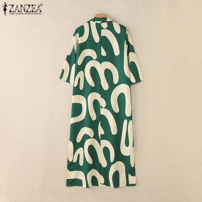 2025 ZANZEA Fashion Autumn Printed Dresses Women Maxi Long Dress Lapel Neck Long Sleeve Robe Casual Kaftan Vestidos Oversize