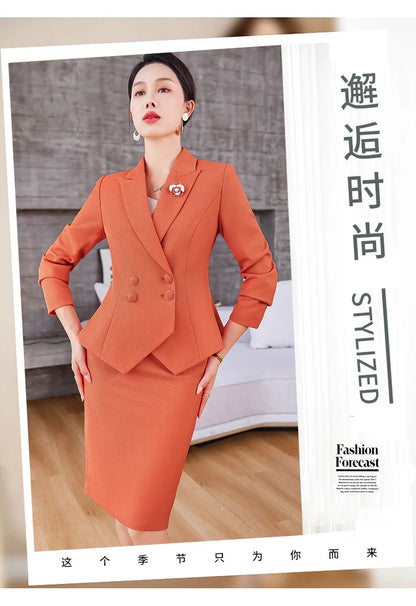Navy Blue Suits Women 2023 New Spring Autumn Professional Long Sleeve Slim Blazer And Skirt Sets Office Ladies Work Wear Orange
