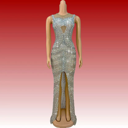Shuanggouqun Sleeveless Tight Sexy Full Diamond Pearl Split Long Dresses Women Birthday Party Dinner Bar DJ Performance Costume