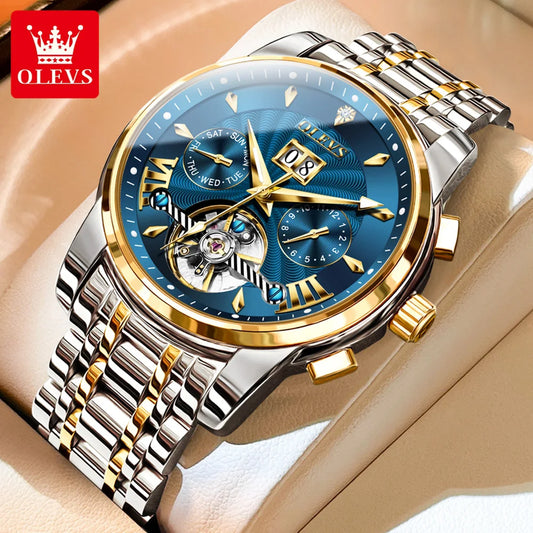 OLEVS 9965 Mechanical Watch for Men Tourbillon Dial Dual Calendar Display Luminous Automatic Mechanical Men's Watch