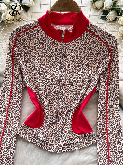 SINGREINY Sexy Leopard Two Piece Suits Female Stand Collar Zipper Slim Tops+Drawstring Mini Short 2025 Autumn Color Block Sets