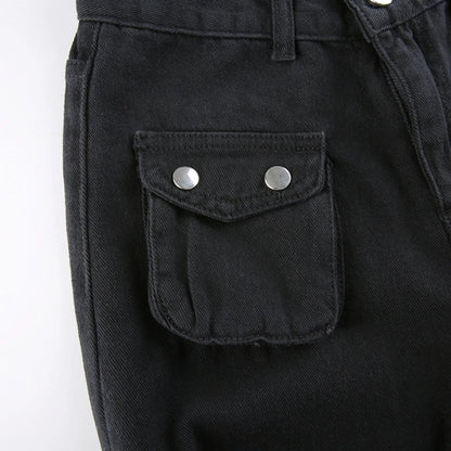2022 trend Women Black Cargo Jeans with Multi Pockets Metal Buckle Belt Straight Trousers