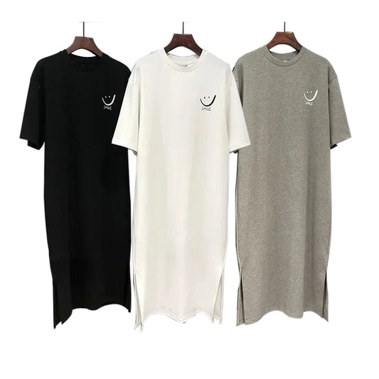 Summer Versatile Academy Style Short Sleeve Loose Korean Print Split Medium Length Dress T-shirt Women Casual Comfortable Style