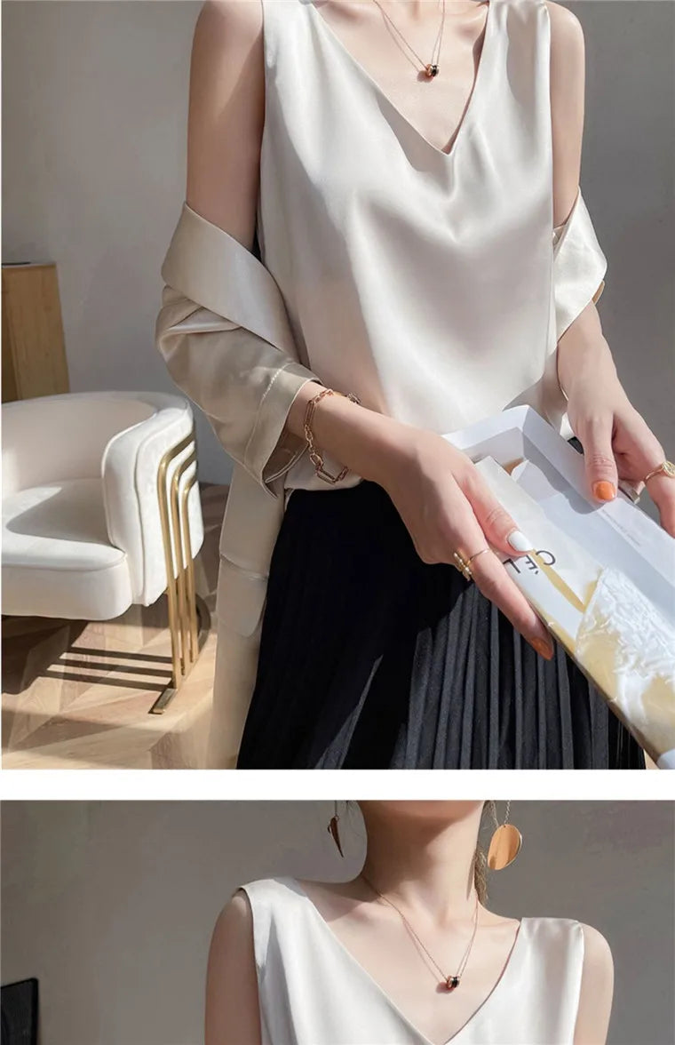 Acetate satin Camisole Women's V-neck Silk Satin vest Top elegant wild Avocado Green white black tank Women Crop Tops