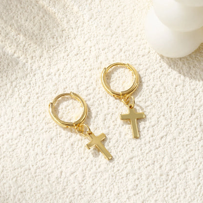 1Pair Exquisite Religious 18K Gold Plated Brass Cross Hoop Earrings For Women Gift 3.1cm x 1.4cm, Post/ Wire Size: 1mm(18 gauge)