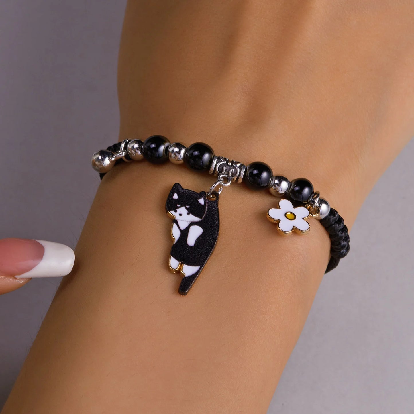 Cartoon Enamel Animal Cat Flower Bracelet for Girl Kids Women Charm Pet Pendant Strap Rope Bracelets Handmade Friendship Jewelry