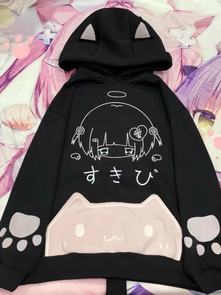 日本の漫画プリントフリースパーカー レディース 原宿ゴシック 猫耳 フード付き ヴィンテージ パーカー ストリートウェア Y2K 美的 スウェットシャツ