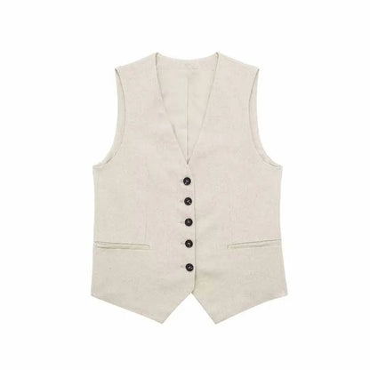 TRAFZA Women's Fashion Solid Linen Waistcoat Top V Neck Button Loose Casual Vest Summer Woman Streetwear Chic Vests Waistcoat