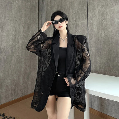 Women Clothing Summer Thin Jackets 2025 Ropa Mujer Patchwork Lace Temperament Coat Sexy Y2k Tops See Through Oversized Outwear
