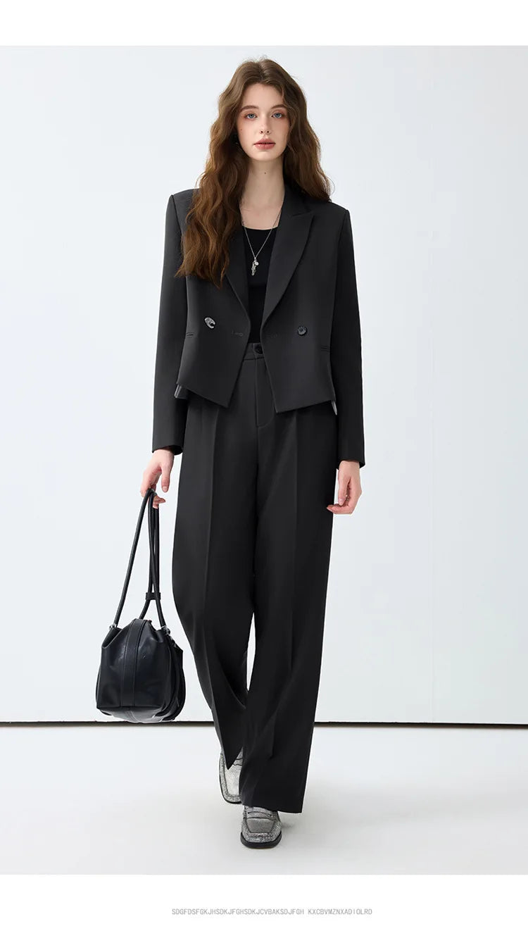 Solid Suits for Women 2025 Spring Fashion Office Ladies Long Sleeve Double Breasted Short Tops Chic Cargo Pant Suits