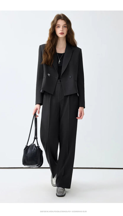 Solid Suits for Women 2025 Spring Fashion Office Ladies Long Sleeve Double Breasted Short Tops Chic Cargo Pant Suits