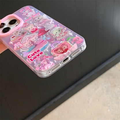 高級レーザーレインボーキュートピンクハートラブキャット漫画電話ケース iPhone 12 13 14 15 16 Pro Max Y2k 3Dふわふわ猫人形ストラップ