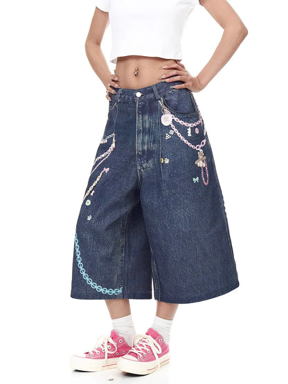 Chain Print Blue Jeans orts Men's Summer Loose Straight Leg Seven-Foot Pants Casual High Waist Corduroy Youth Faion