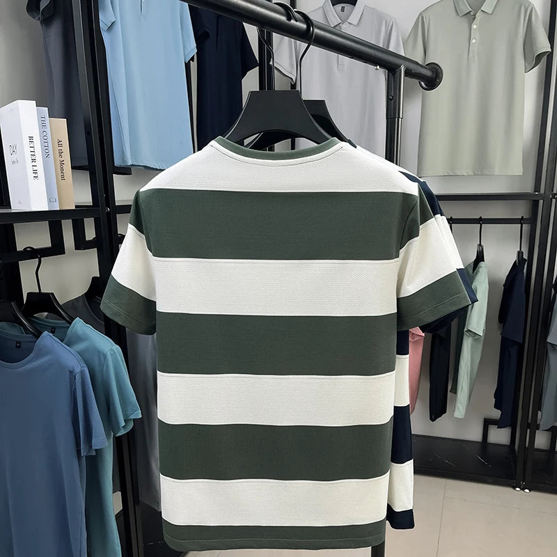 Top Grade Yarn Dyed Striped New Summer Tops Designer Round Neck Tshirt Men 2025 Brand Short Sleeve Casual Fashion Men Clothing
