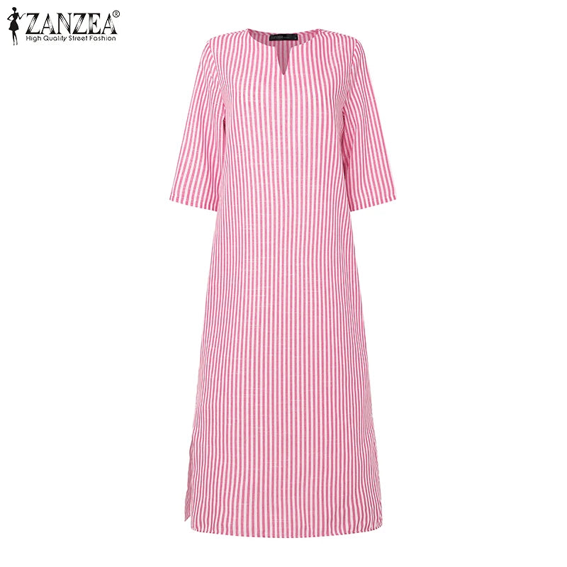2025 Autumn Striped Dresses ZANZEA Fashion Women V Neck Long Sleeve Work Dress Elegant Office OL Sundress Maxi Long Vestido Robe