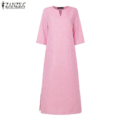 2025 Autumn Striped Dresses ZANZEA Fashion Women V Neck Long Sleeve Work Dress Elegant Office OL Sundress Maxi Long Vestido Robe