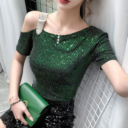 Sequin Off Shoulder Top Female Summer Outfit Clearance 2025 High Quality 90s Vintage Clothes Basic Women's Short Sleeve T-shirt