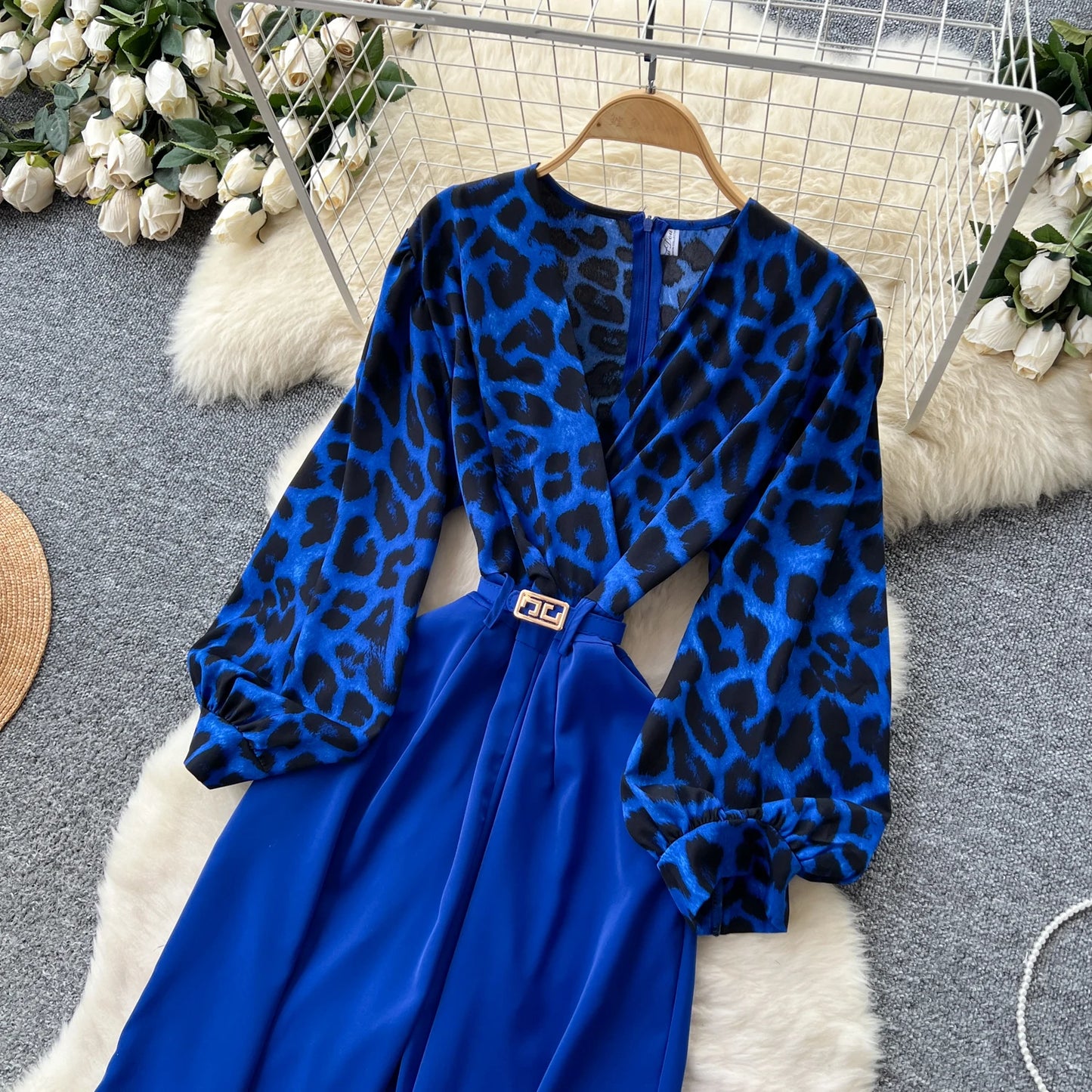 SINGREINY Autumn Leopard Long Jumpsuits V Neck Long Sleeves Belt Wide Legs Pants Women American Retro Senior Office Lady Rompers
