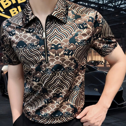 New Chinese Trend Leading Half-zip Men's Short-sleeved Shirt, Hong Kong Style Top