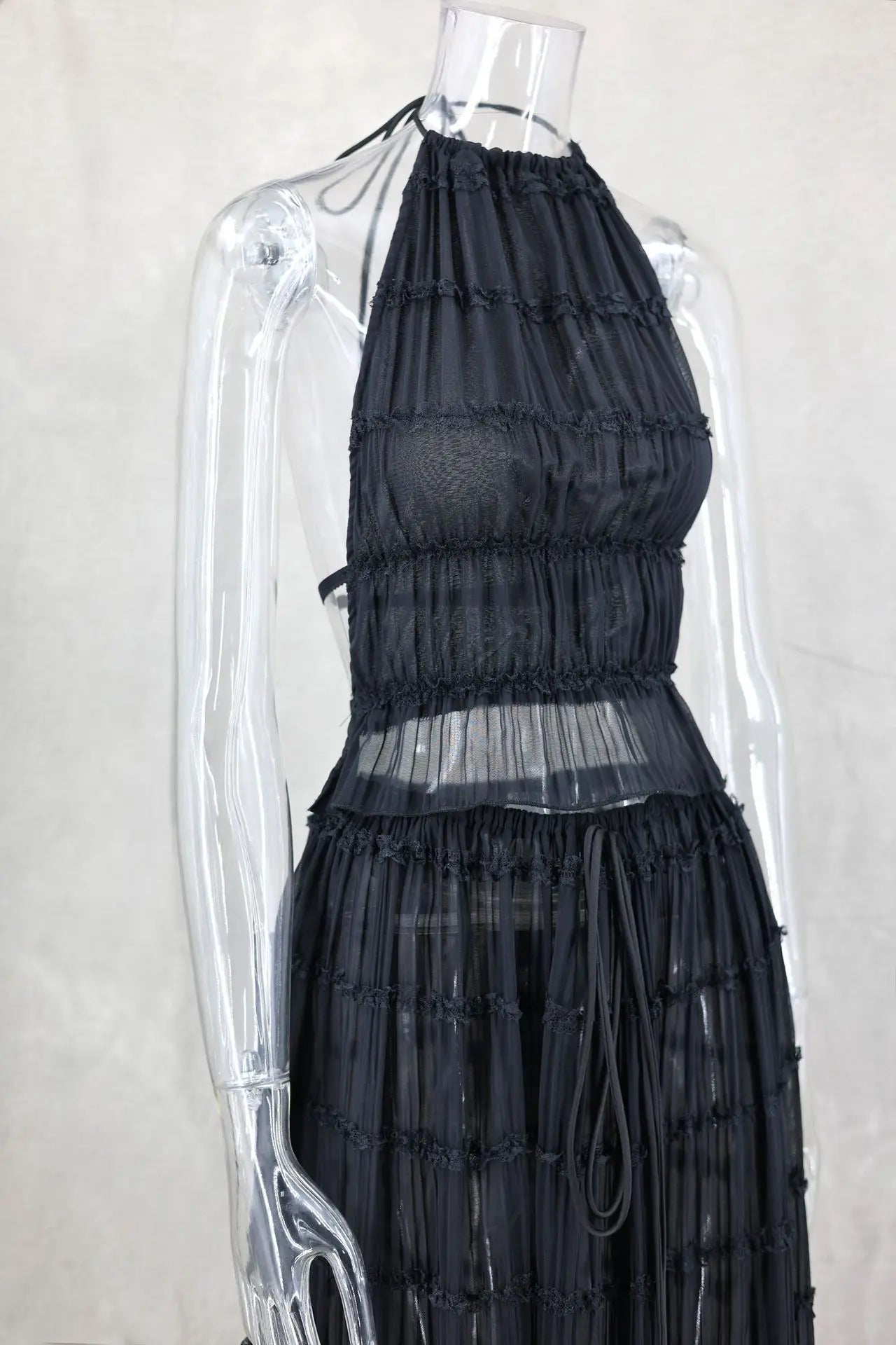 2024 Summer Party Elegant Women Beach Skirt Suit Sleeveless Backless Cropped Halter Lace Up Tops And Long Skirts Two Piece Sets