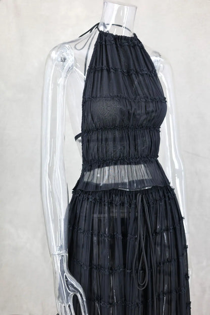 2024 Summer Party Elegant Women Beach Skirt Suit Sleeveless Backless Cropped Halter Lace Up Tops And Long Skirts Two Piece Sets