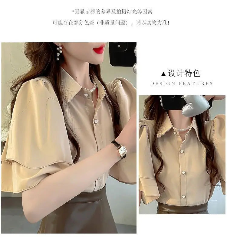 French Lady's Summer Loose Shirt Women's New Loose Blouse Solid Color Ruffle Short Sleeve Chiffon Top
