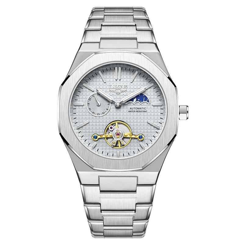 2025 LIGE New Luxury Tourbillon Mechanical Watches For Men Multifunctional Chronograph Moon phase Automatic Date Week Wristwatch