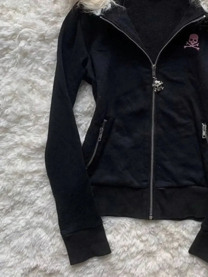 Y2K Black Fur Collar Zipper Sweatshirt Hoodie Sexy Women Sweatshirt Harajuku Goth Letter Graphic Print Slim Coat Winter Clothes