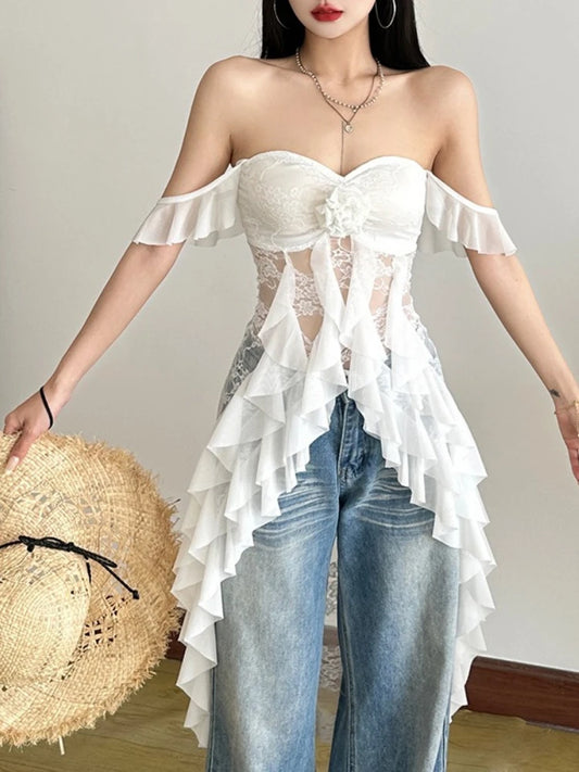 Sexy Streetwear Backless Vintage Tank Top Summer Grunge See Through Fairy Camisole Women Y2k Aesthetic Irregular Ruffled Tanks