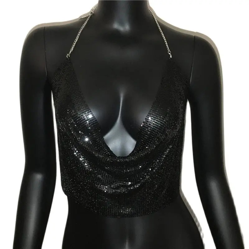 Glitter Metal Sequins Backless Camisole For Women Sexy Deep V Neck Halter Neck Sleeveless Tank Top Lady Nightclub Party Crop Top