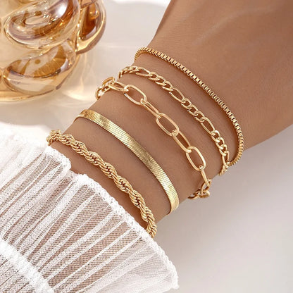 5-piece Bracelet Set, Women's Alloy Round Bead Heart Chain, Minimalist Box Chain Bracelet