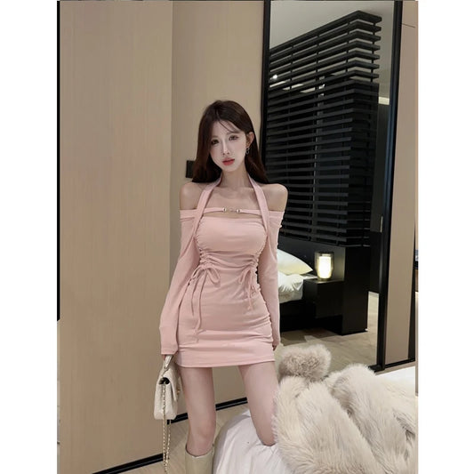 ピュアセクシーホットガール長袖ワンピース レディース秋冬スリムフィットホルターネックストラップラップヒップミニワンピース 女性服