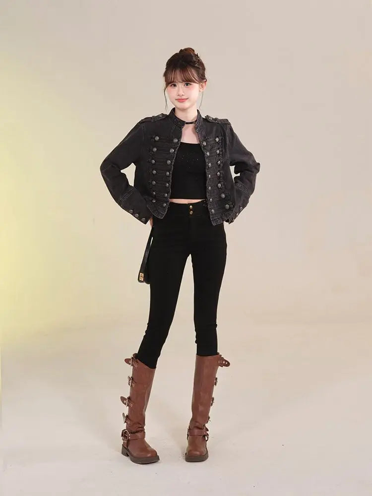 Women's American Retro Denim Military Inspired Cropped Jacket Long Sleeve Stand Collar Casual Motorcycle Coat