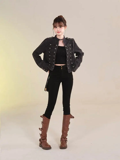 Women's American Retro Denim Military Inspired Cropped Jacket Long Sleeve Stand Collar Casual Motorcycle Coat