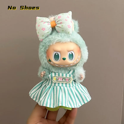 Labubuドール17cmぬいぐるみ用の服だけ 可愛いオーバーオールセット 夏のクールトレンド ファッション ソフトファブリック カラフルドレススーツ