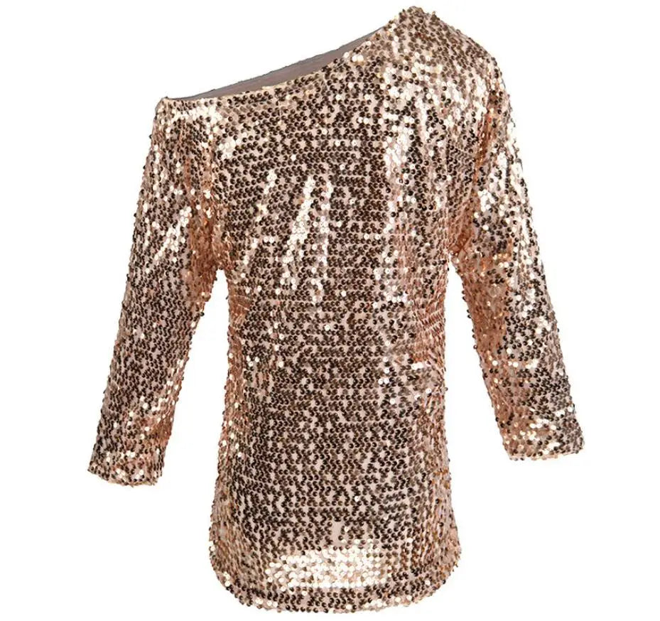 New Fashion Sexy Mid Sleeve Slanted Shoulder Sequin Solid Color Slim Fit T-shirt For Women,2 Colors