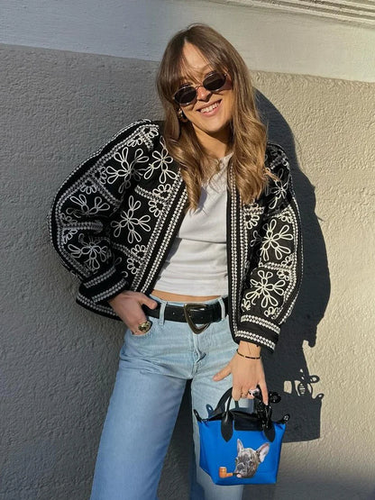 Fashion Floral Printing Cardigan Bomber Jacket For Women 2024 Autumn Round Neck Long Sleeve Coats Lady Elegant Street Outerwear