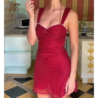 SUCHCUTE Elegant Polka Dot Print Backless Party Dresses Women Causal Sleeveless Beach Dress Vestidos Summer Sundress Sexy Robe
