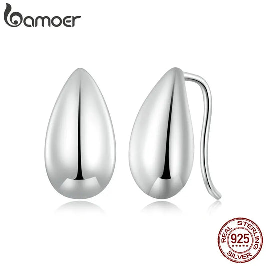 BAMOER Authentic 925 Sterling Silver Glossy Waterdrop Earrings Teardrop Hook Earrings for Women Minimalist Fine Jewelry Gift