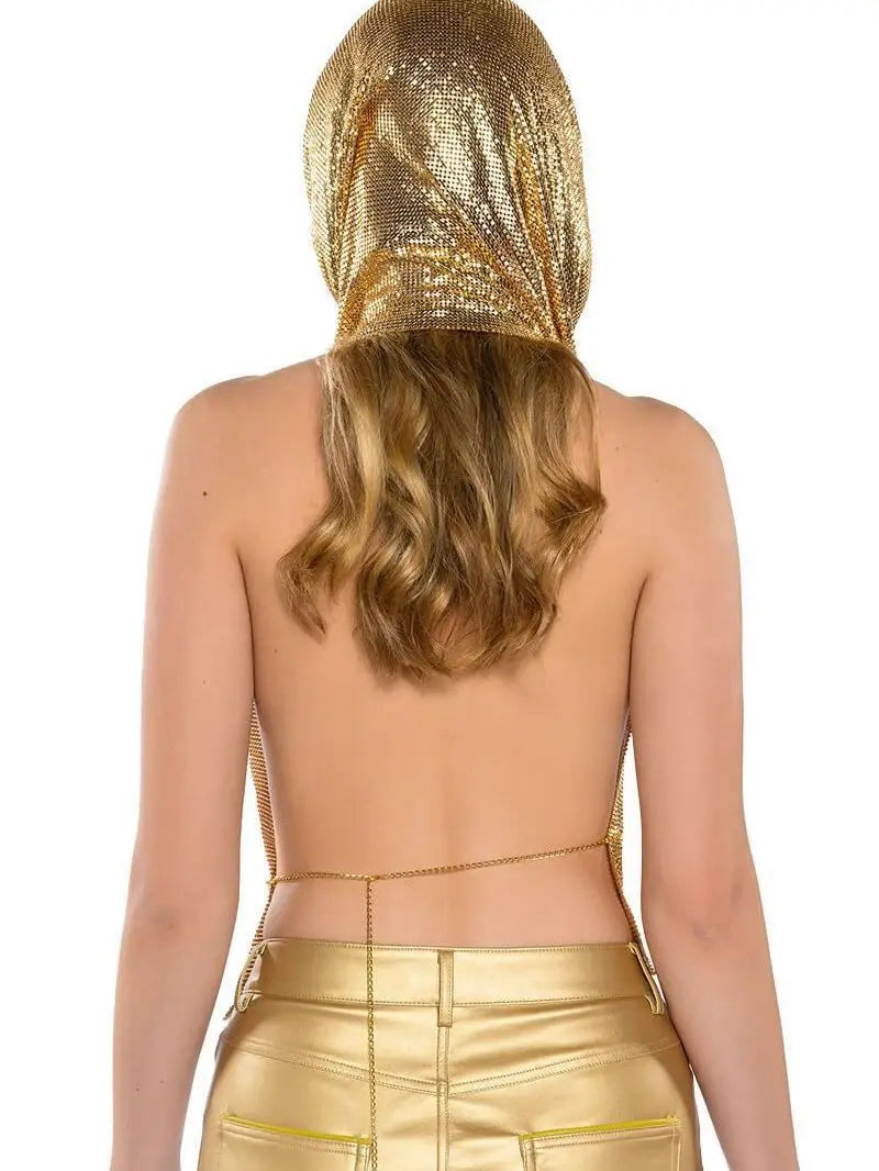 Women Metal Sequins Tank Top With Turban 2 Piece  Sexy V Neck Backless   Suspender Top Rave Festival Party Nightclub Camisole