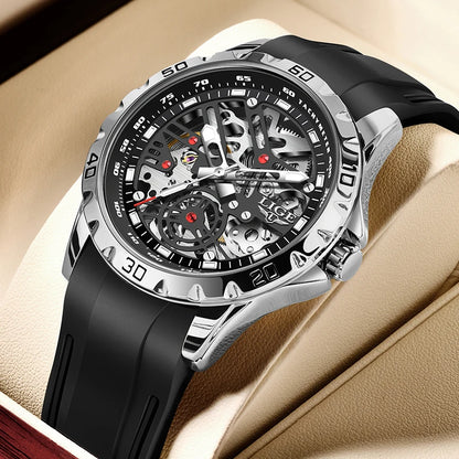 LIGE Fashion Business Mechanical Man Watch Casual Sport Waterproof Silicone Skeleton Tourbillon Luminous Clock Automatic Watches