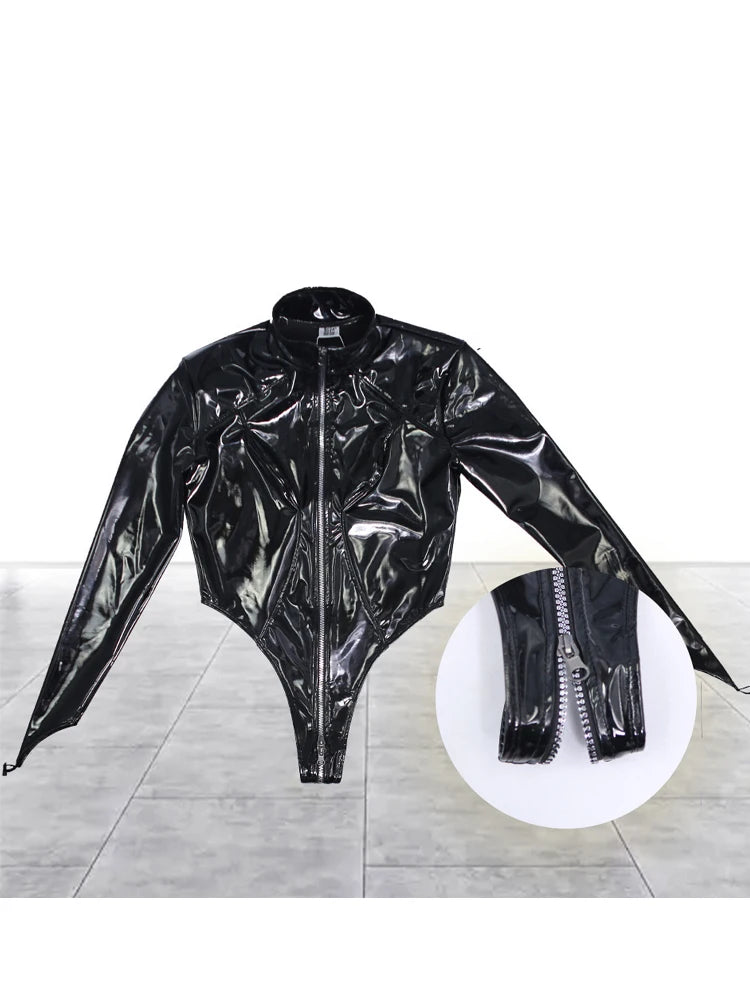 Shiny Faux PU Leather Zipper Open Crotch Bodysuit Wet Look PVC Catsuit Tight Sexy Body Teddies High Cut Swimsuit Leotard Unitard